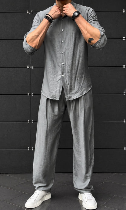 LI-91 |BEAS| Shadow Luxe Men’s Co-Ord Set | Mandarin Collar Shirt & Tailored Loose Trouser