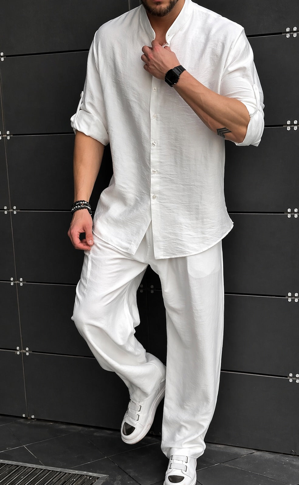 |BEAS| Shadow Luxe Men’s Co-Ord Set | Mandarin Collar Shirt & Tailored Loose Trouser