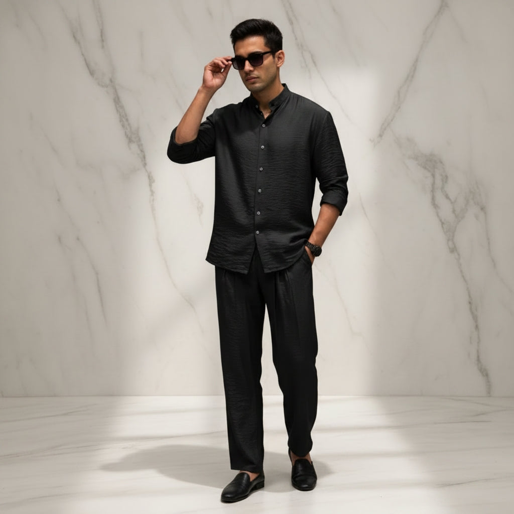LI-91 |BEAS| Shadow Luxe Men’s Co-Ord Set | Mandarin Collar Shirt & Tailored Loose Trouser