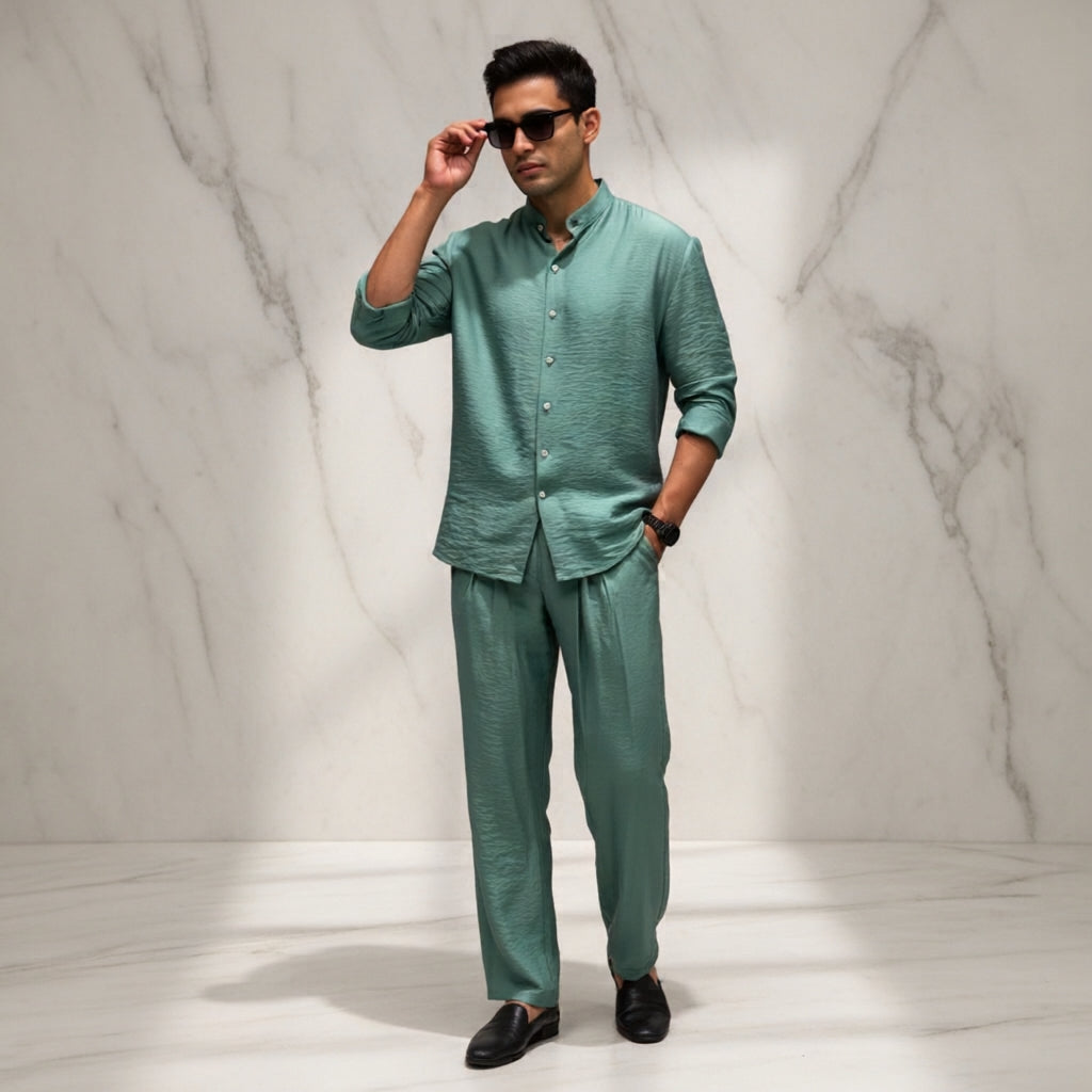 |BEAS| Shadow Luxe Men’s Co-Ord Set | Mandarin Collar Shirt & Tailored Loose Trouser