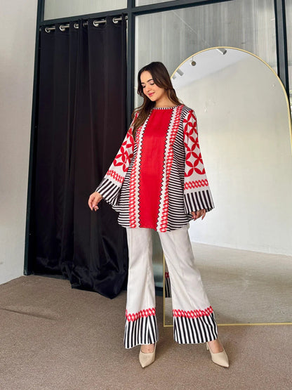 Red and White Fusion Silk Printed Co ord Set (D-14)