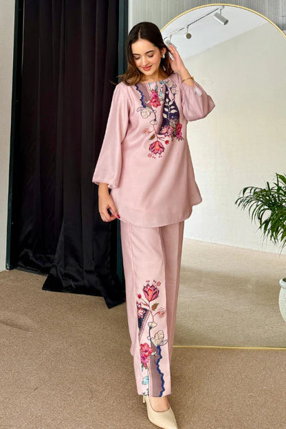 Rose Pink Silk Printed Co ord Set (D-15)