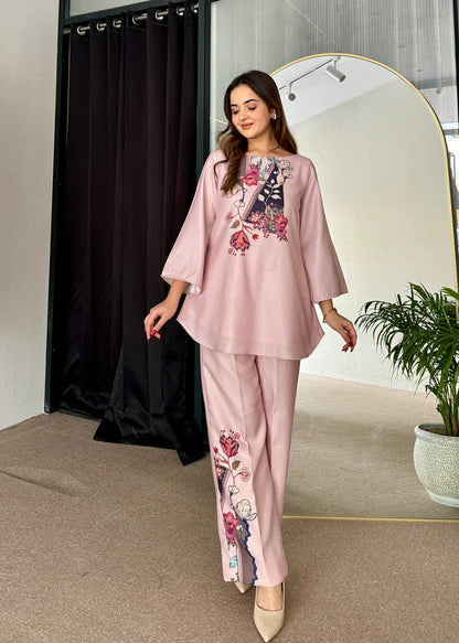 Rose Pink Silk Printed Co ord Set (D-15)