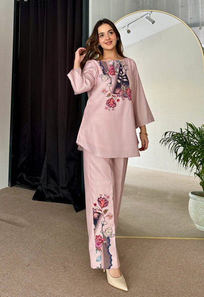 Rose Pink Silk Printed Co ord Set (D-15)