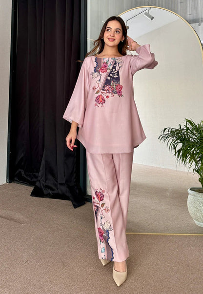 Rose Pink Silk Printed Co ord Set (D-15)