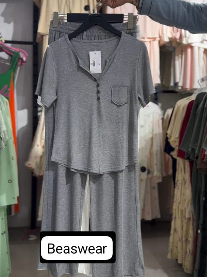 CH-538 Beaswear 2 pc button casual top with straight trouser