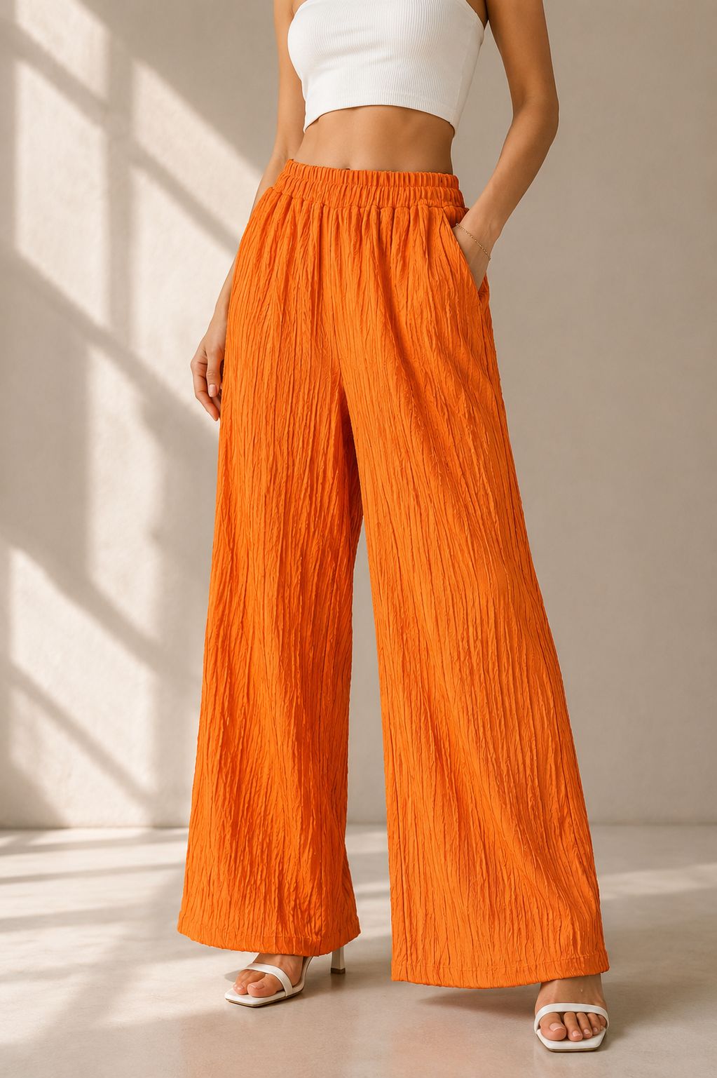 CH-6124 |BEAS| LuxeFlow Crinkle Wide-Leg Pants