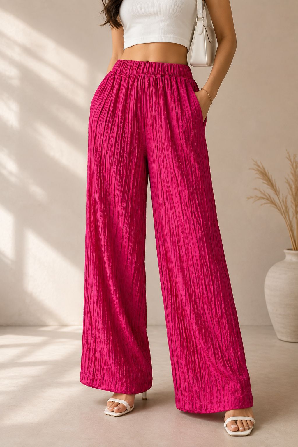 CH-6133 |BEAS| LuxeFlow Crinkle Wide-Leg Pants