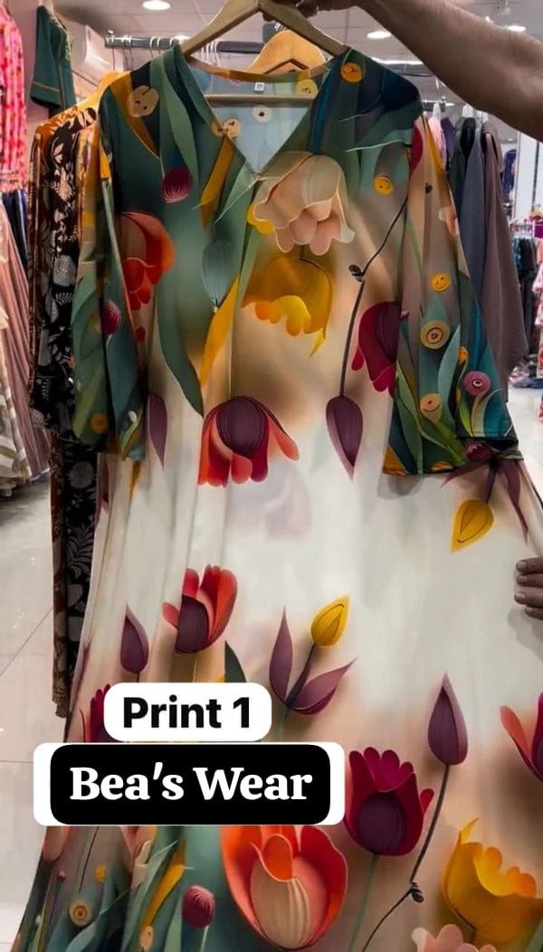 CH 573 Tulip Bloom Printed Kaftan – Soft Crepe Long Dress BEAS