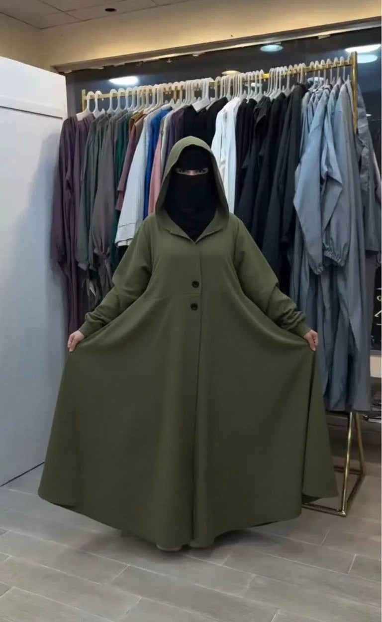 Ch 611 BEAS Button-Front Long Frill Hoodie Winter Fleece Maxi Style with Wide Flare