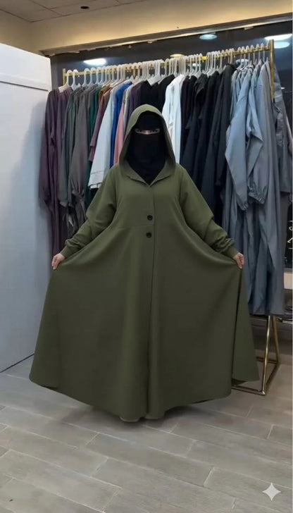 Ch 611 BEAS Button-Front Long Frill Hoodie Winter Fleece Maxi Style with Wide Flare