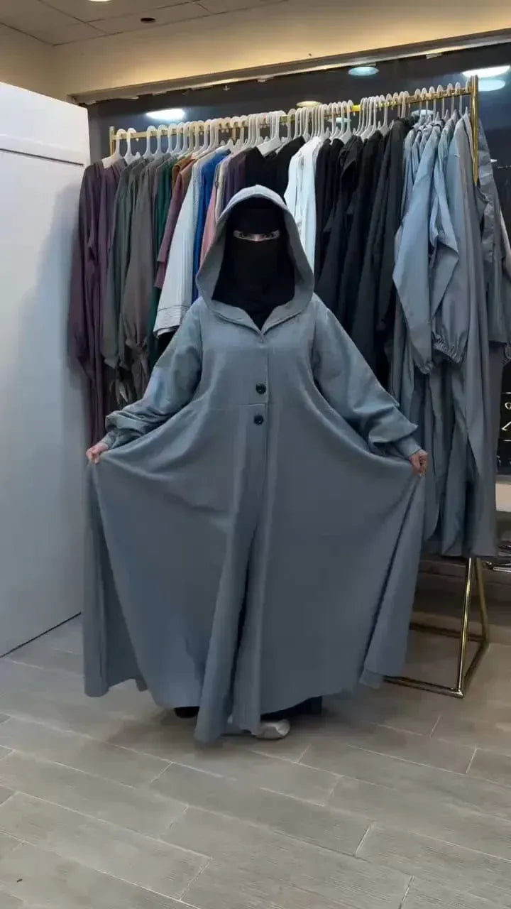 Ch 611 BEAS Button-Front Long Frill Hoodie Winter Fleece Maxi Style with Wide Flare