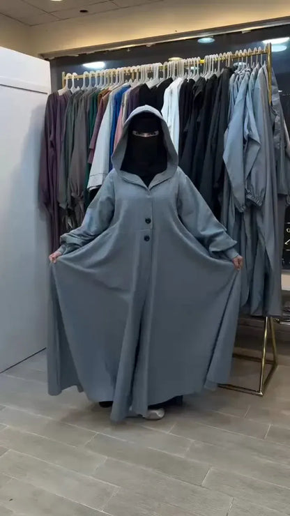 Ch 611 BEAS Button-Front Long Frill Hoodie Winter Fleece Maxi Style with Wide Flare