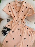 CH-6024 BEAS Women's Two-Piece Heart Print Pajama Set Soft Cotton Relaxed Fit