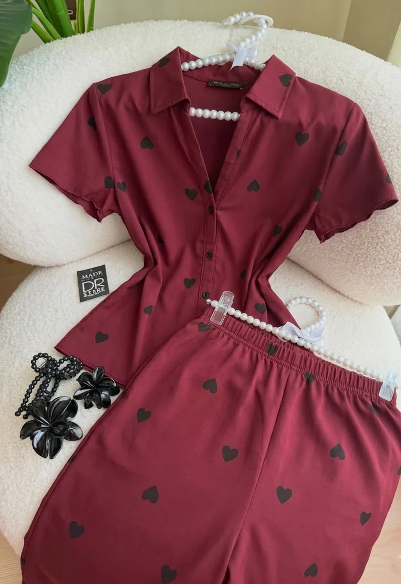 CH-6024 BEAS Women's Two-Piece Heart Print Pajama Set Soft Cotton Relaxed Fit
