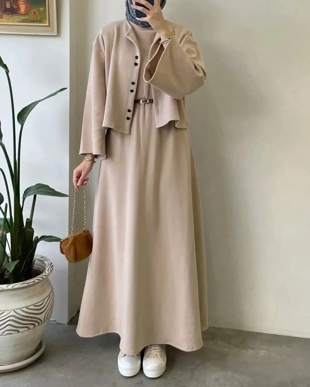 CH 608 BEAS 2 Pcs Winter Outfit Long Frock With Upper Fleece Jacket
