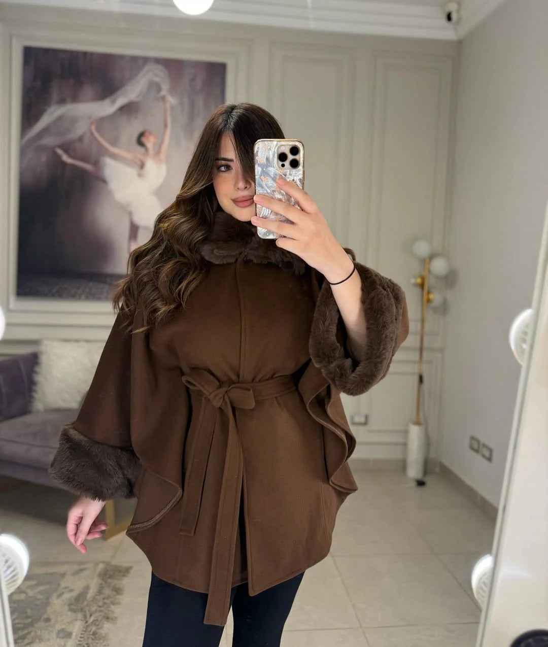 CH-623 BEAS Women’s Elegant Fur Cuff Belted Cape Coat – Winter Fleece