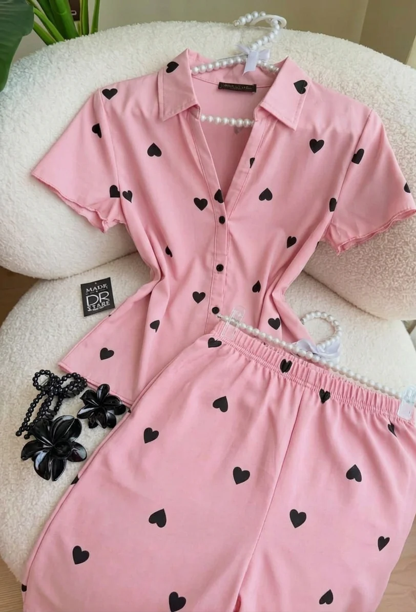 CH-6024 BEAS Women's Two-Piece Heart Print Pajama Set Soft Cotton Relaxed Fit