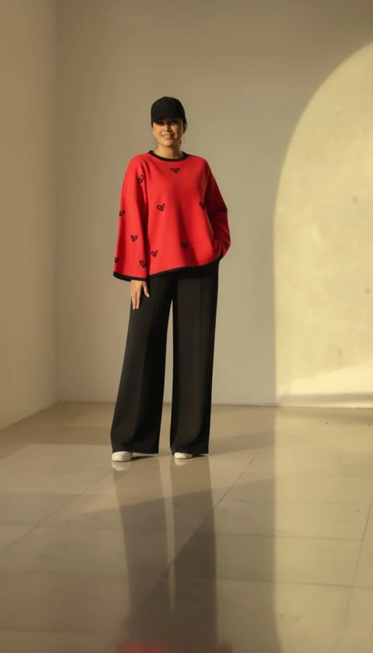 Ch-584 BEAS Warm & Cozy 2 Piece Outfit Winter Fleece Co-ord Set with Heart Prints for Women