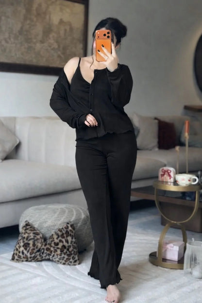 CH-6027 BEAS 3 Pcs Button-Down Top & Flared Pants Co-Ord Set