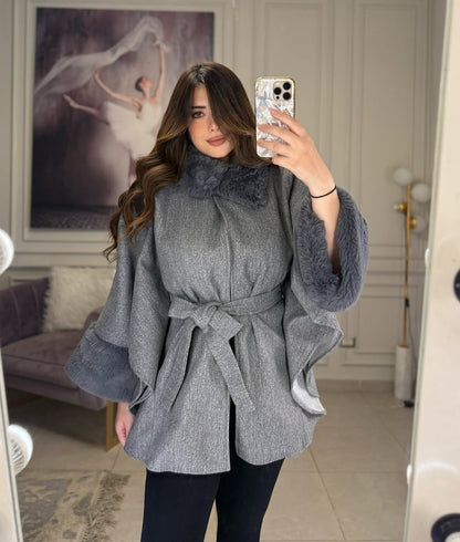 CH-623 BEAS Women’s Elegant Fur Cuff Belted Cape Coat – Winter Fleece
