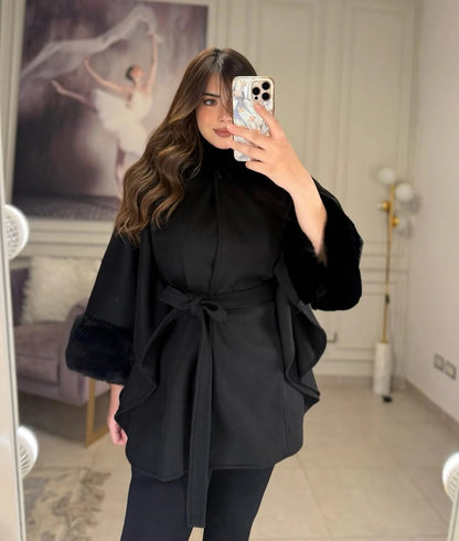 CH-623 BEAS Women’s Elegant Fur Cuff Belted Cape Coat – Winter Fleece