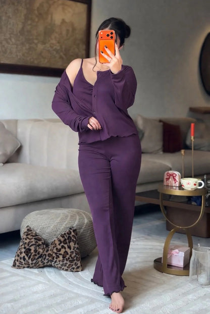 CH-6027 BEAS 3 Pcs Button-Down Top & Flared Pants Co-Ord Set