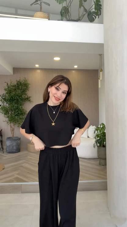 CH-6033 Beas Women Oversized Crop T-Shirt & Wide-Leg Lounge Pants Co-Ord Set