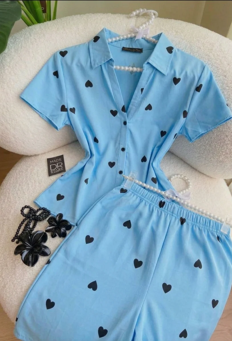 CH-6024 BEAS Women's Two-Piece Heart Print Pajama Set Soft Cotton Relaxed Fit