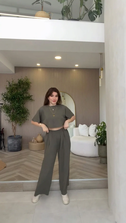 CH-6033 Beas Women Oversized Crop T-Shirt & Wide-Leg Lounge Pants Co-Ord Set