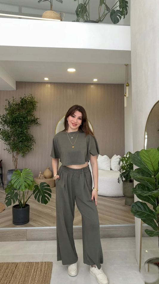 CH-6033 Beas Women Oversized Crop T-Shirt & Wide-Leg Lounge Pants Co-Ord Set