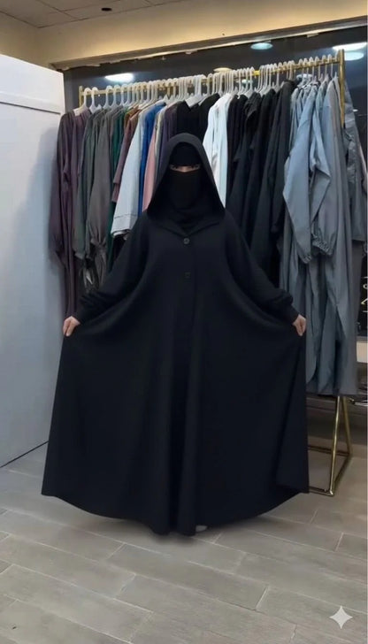 Ch 611 BEAS Button-Front Long Frill Hoodie Winter Fleece Maxi Style with Wide Flare