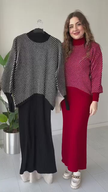 CH 497 beaswear Stripes Printed Stretchable Ribbed Fleece Dress