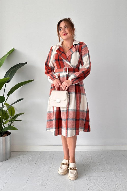 CH-489 BEA'S Coat Style Collared Tile Dress