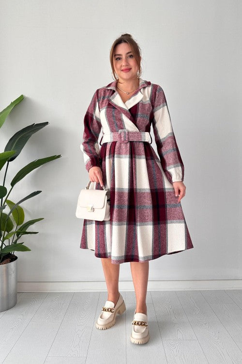 CH-489 BEA'S Coat Style Collared Tile Dress